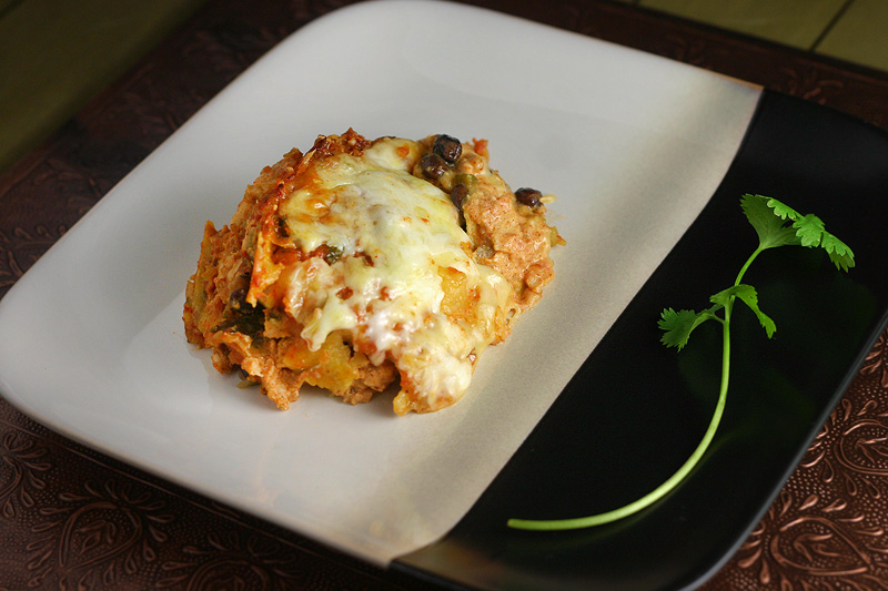 Enchilada Bake A serving of veggie chicken enchilada bake