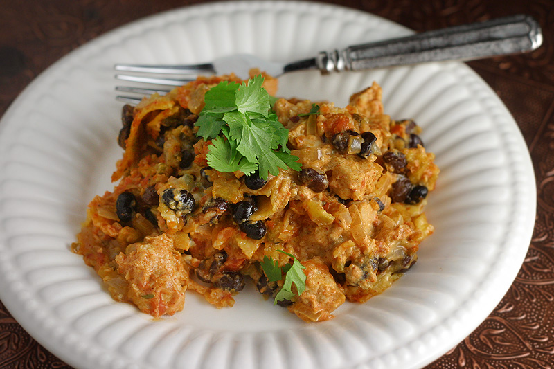 Enchilada Bake Vegetarian enchilada casserole with black beans and cilantro
