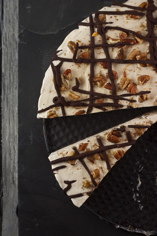 Vanilla Semifreddo with Pecan Caramel on a Chocolate Pecan Crust