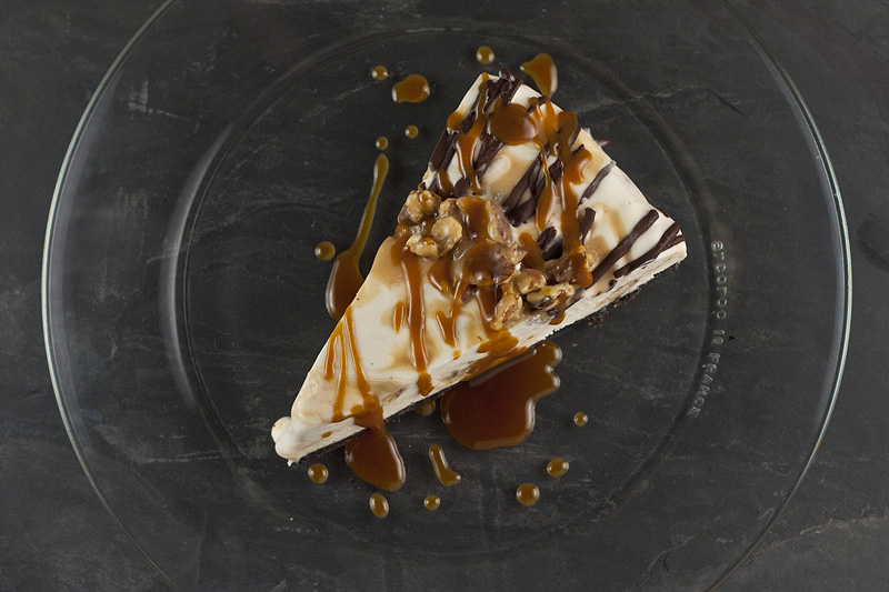 Vanilla Semifreddo with Pecan Caramel on a Chocolate Pecan Crust Vanilla bean semifreddo topped with caramel and pecans